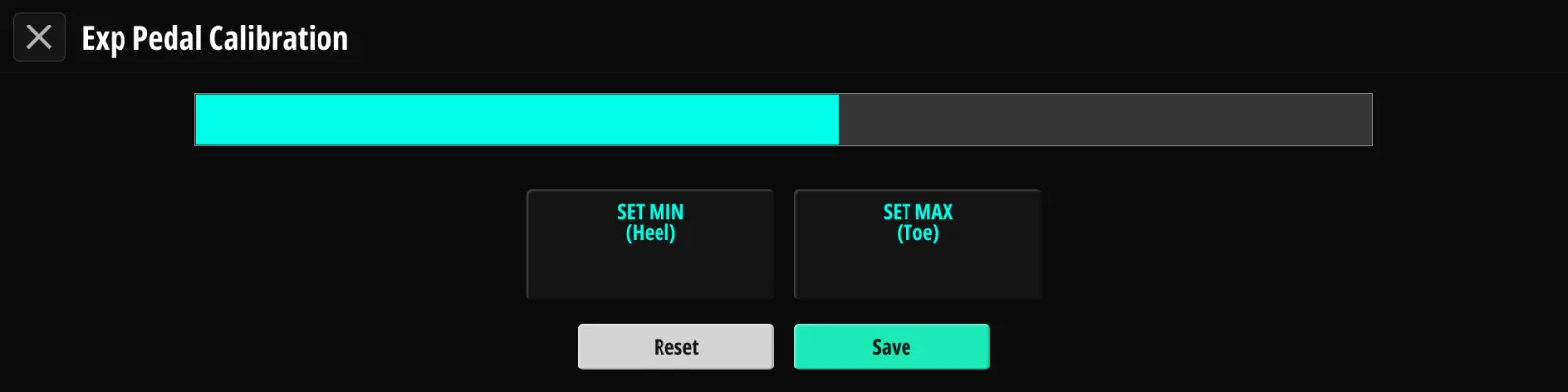 EXP のキャリブレーション。 現在位置のバーと Set Min / Set Max / Save / Reset を表示。