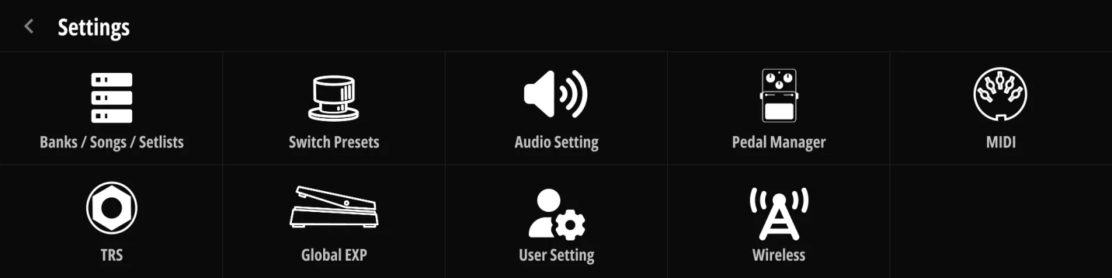 Settings メニュー。 設定の区分ごとに1項目。戻る矢印で Main Page に戻ります。