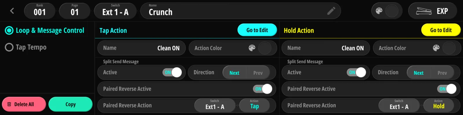 スイッチの編集ページ。 スイッチ名、Tap/Hold の名前、色の選択、Active の切り替え、タイプの一覧(Loop & Message / Tap Tempo)、Split Send の対設定。