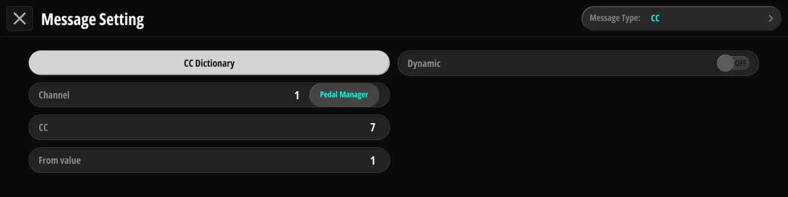 CC メッセージの編集。 Dynamic のスイッチで、単一の値が From / To / Time を持つ時間付きのスイープに変わります。