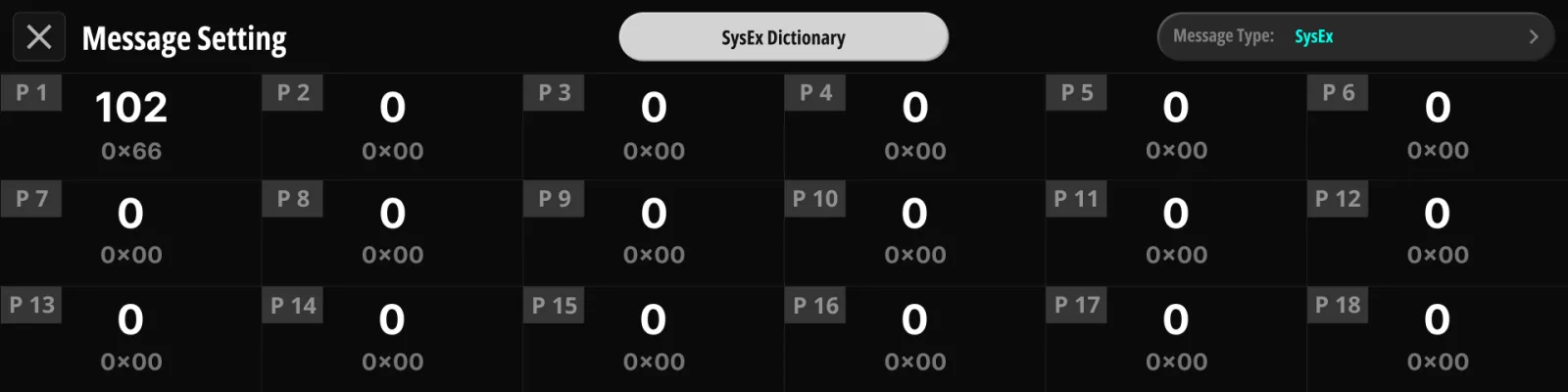 SysEx エディタ。 1バイトにつき1マス。ディクショナリから始めても、値を直接入力しても構いません。