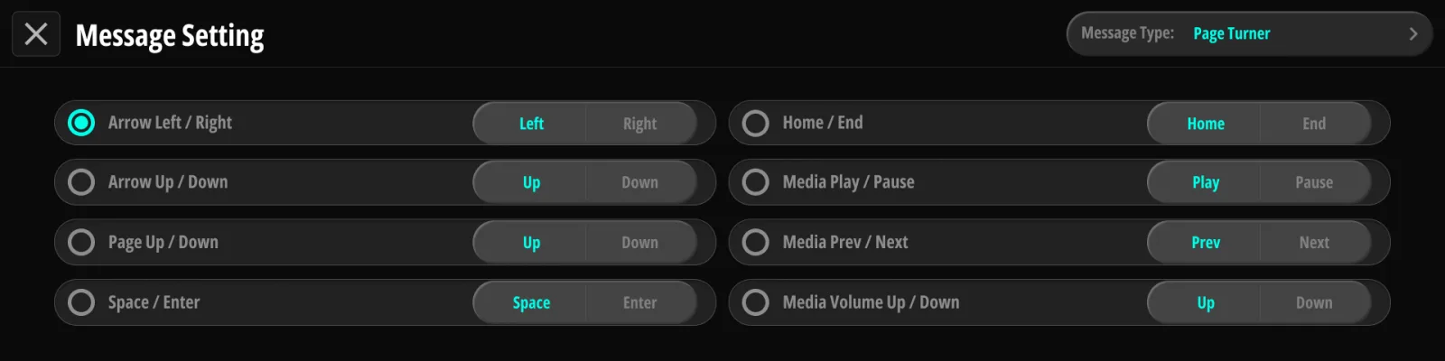 Page Turner メッセージのページ。 モードの一覧と Prev/Next の選択を表示。