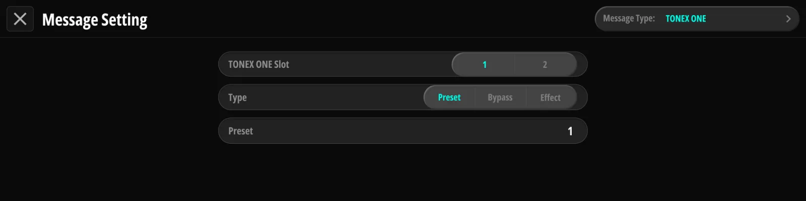 ToneX Preset のページ。 スロットの選択(Slot 1 / Slot 2)とプリセット番号を表示。