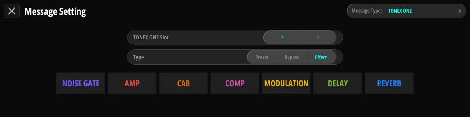 ToneX Effect のページ。 7つのエフェクトブロックをペダル自身の並び順で、ペダルに合わせて点灯表示。