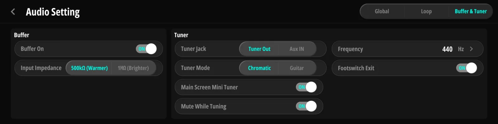Audio Setting — Buffer & Tuner タブ。 左にバッファ、右にチューナーの設定。