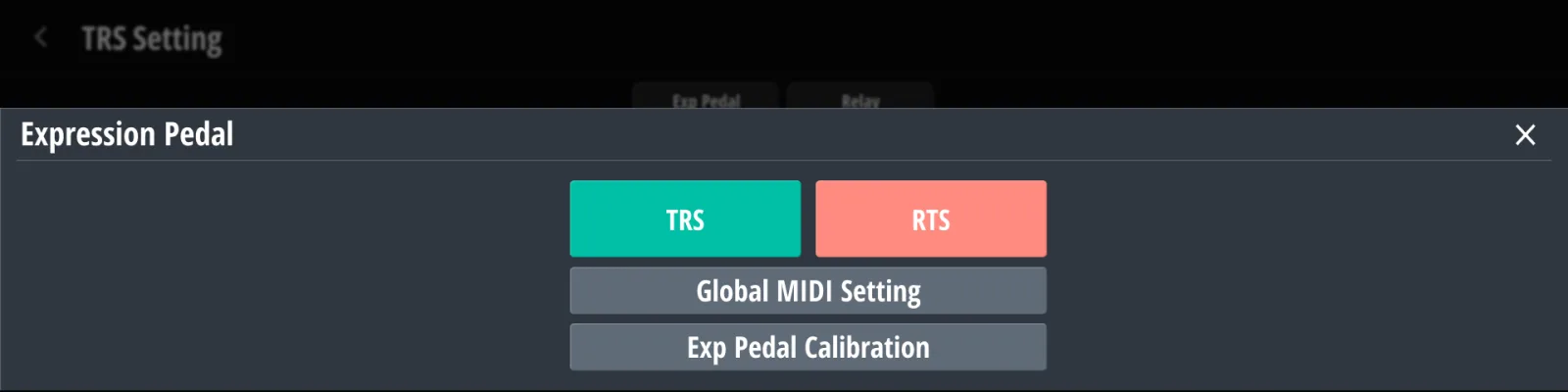 EXP ジャックの設定。 TRS / RTS の配線の選択と、Global EXP とキャリブレーションへの近道。