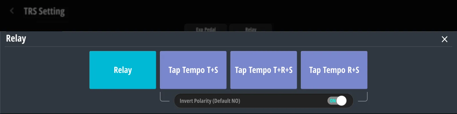 リレージャックの設定。 Relay モードか、3種類のタップテンポの配線のいずれか。下に Invert Polarity。