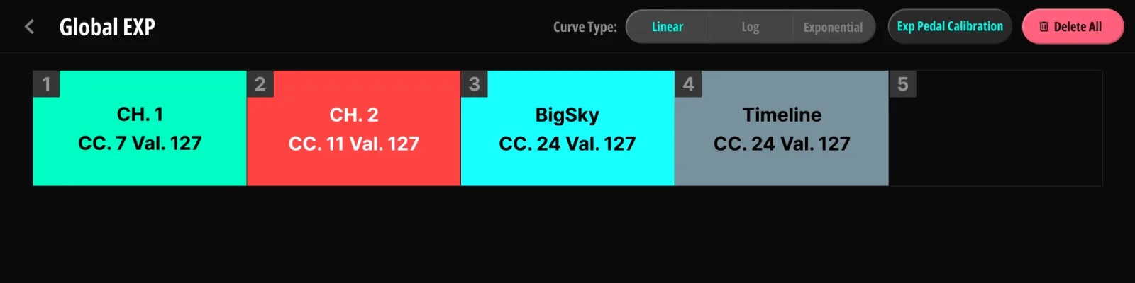Global EXP。 5つのスロットのカードと、Curve Type・Calibration の項目を表示。