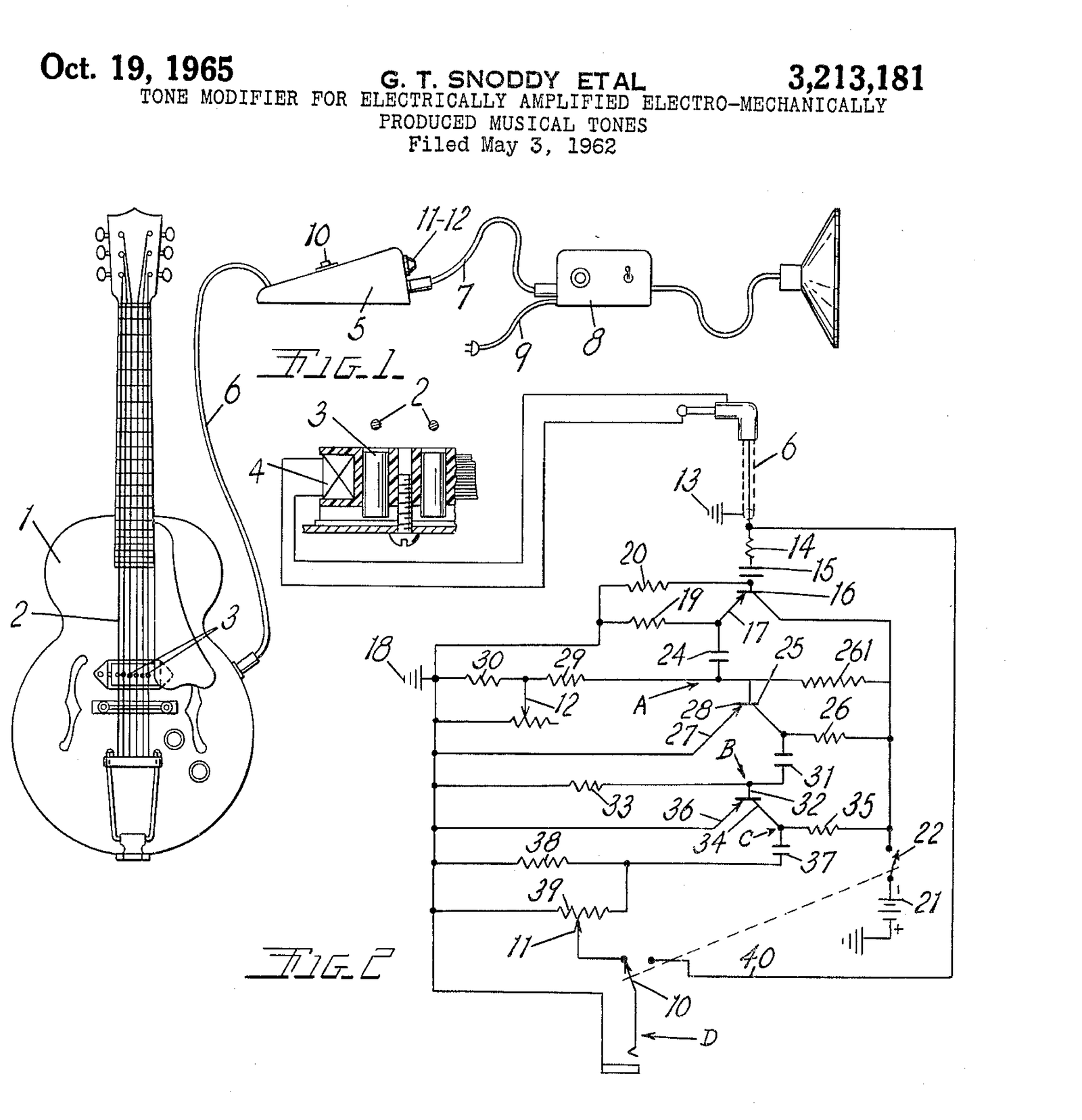 Drawing from U.S. Patent 3,213,181, 1965: a guitar, a pedal and an amplifier, and the pedal circuit with its on and off switch