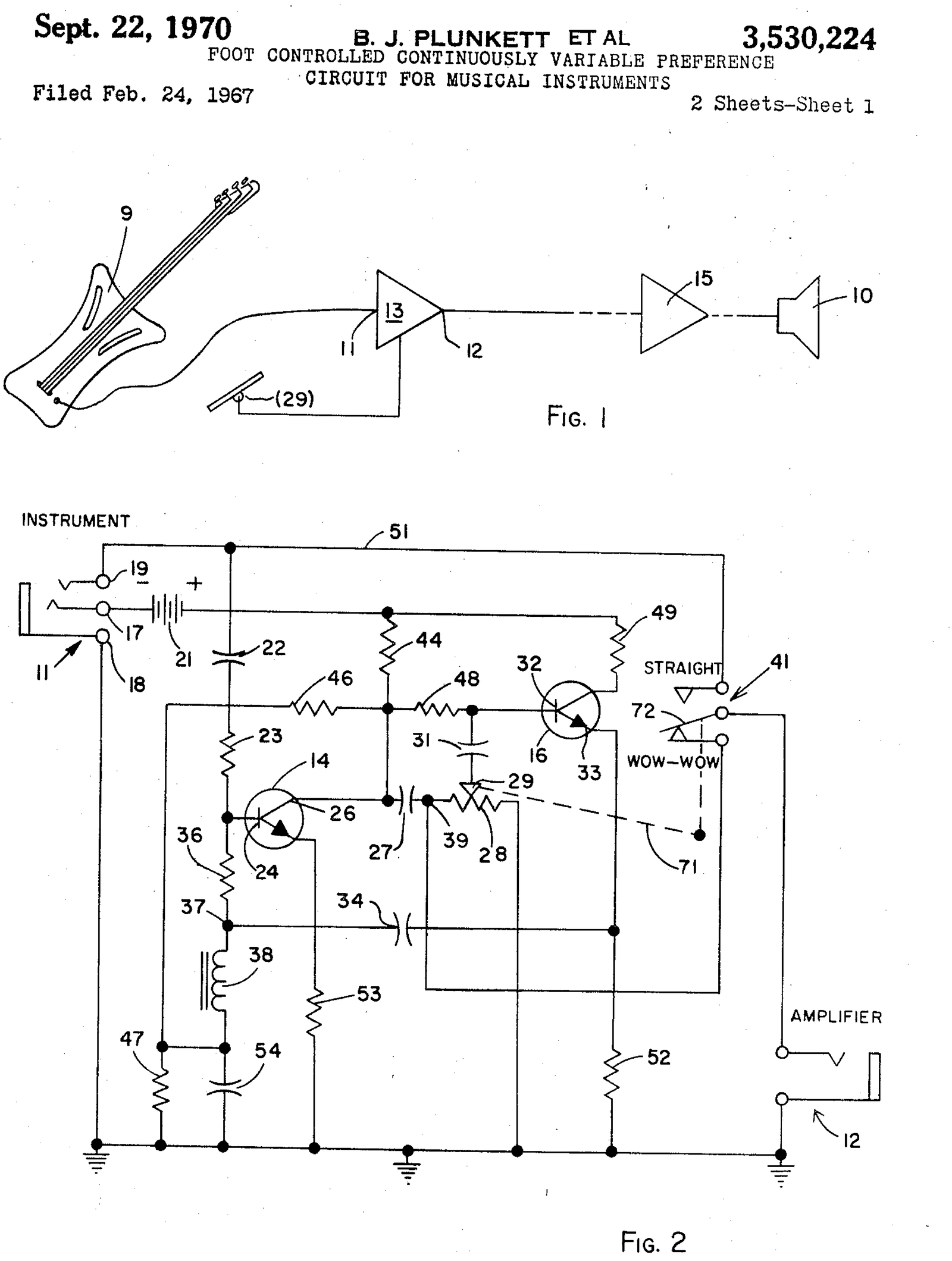 Drawing from U.S. Patent 3,530,224, 1970: a foot-controlled circuit with a switch marked Straight and Wow-Wow